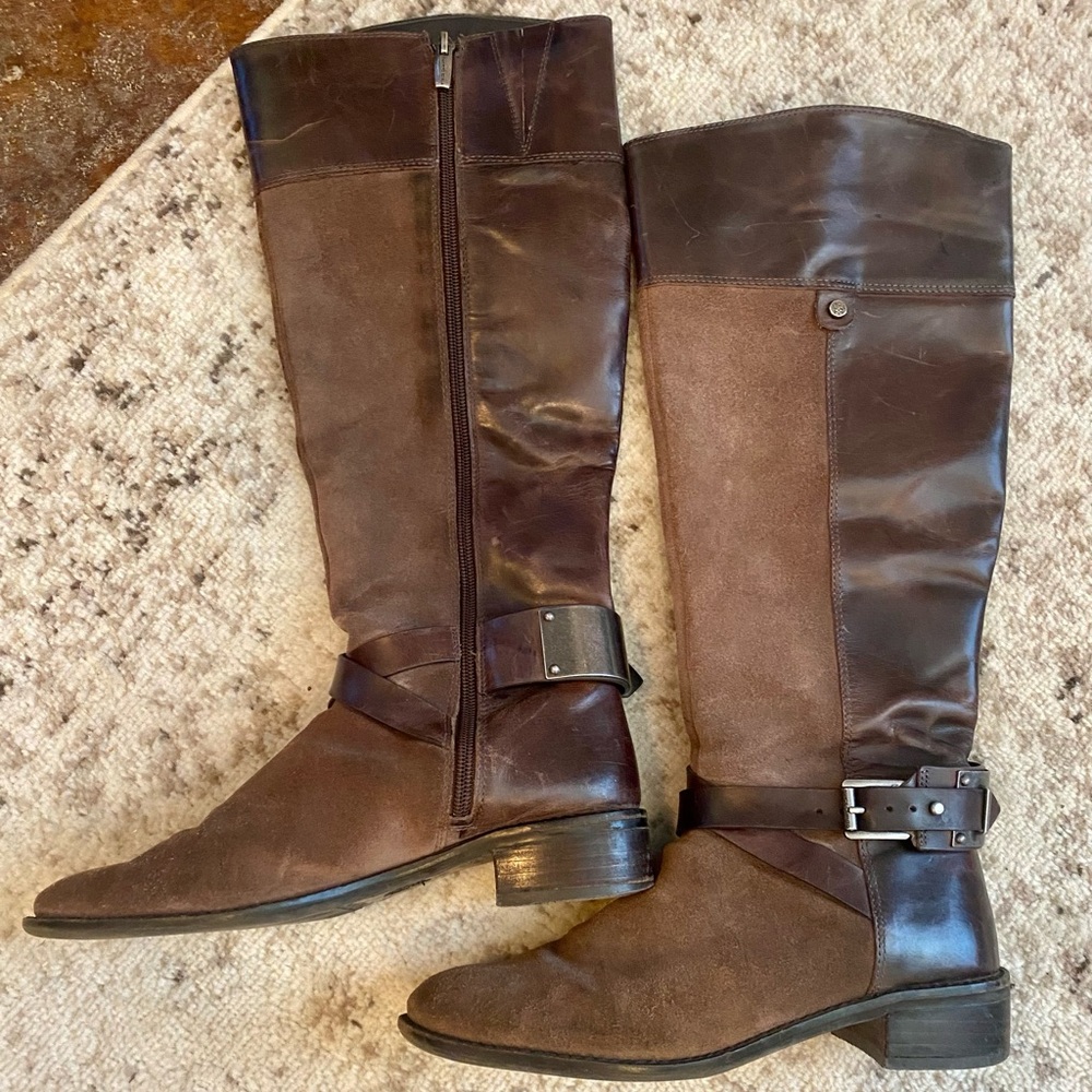 Vince Camuto Suede and leather boots, metal buckle. Size 7.5. Brown, nickel.